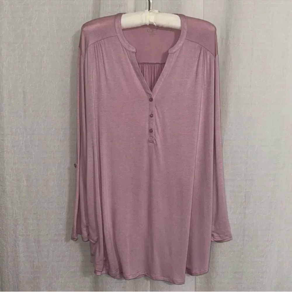 LOFT XL Pink Long Roll Up Tab Sleeve Three Button Front Collarless Top